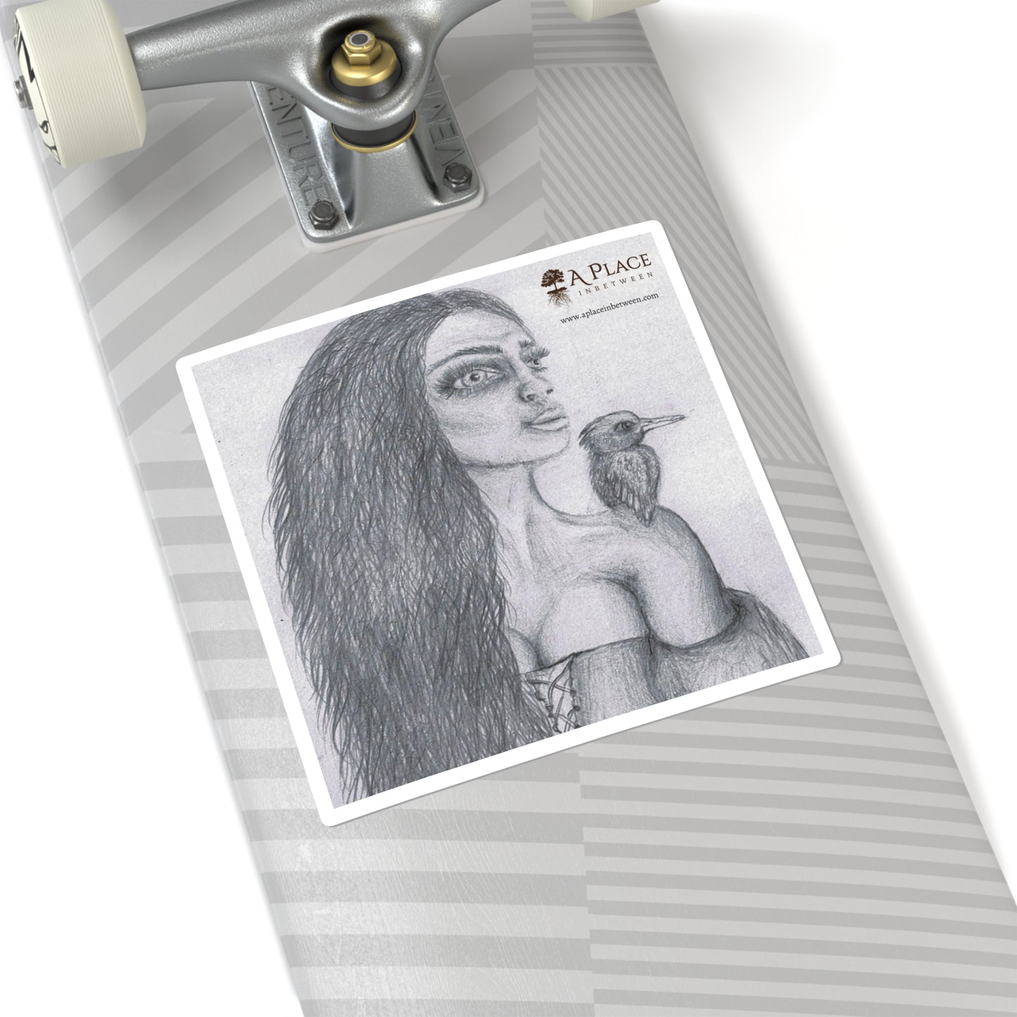 Elvish / Sketch “Girl & Kingfisher” Square Sticker — Pencil Art Laptop Decal