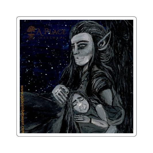 Mystical Elvish Couple '' Sleep under the galaxy with me' Galaxy Square Sticker — Hand-Painted , wood, Moon & Stars
