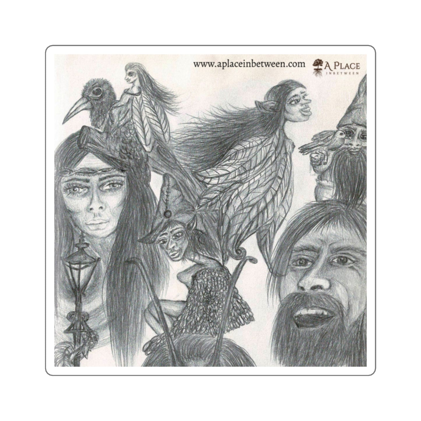 Sketch Art Square Sticker — Mythic Faces and creatures /lantern Collage 1 of 2
