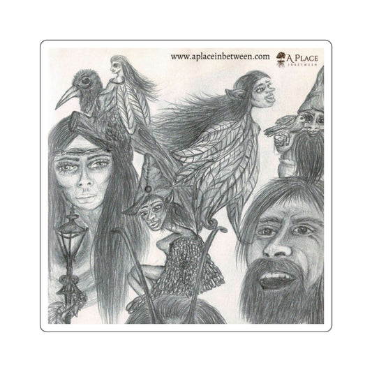 Sketch Art Square Sticker — Mythic Faces & Crow Collage 1 of 2