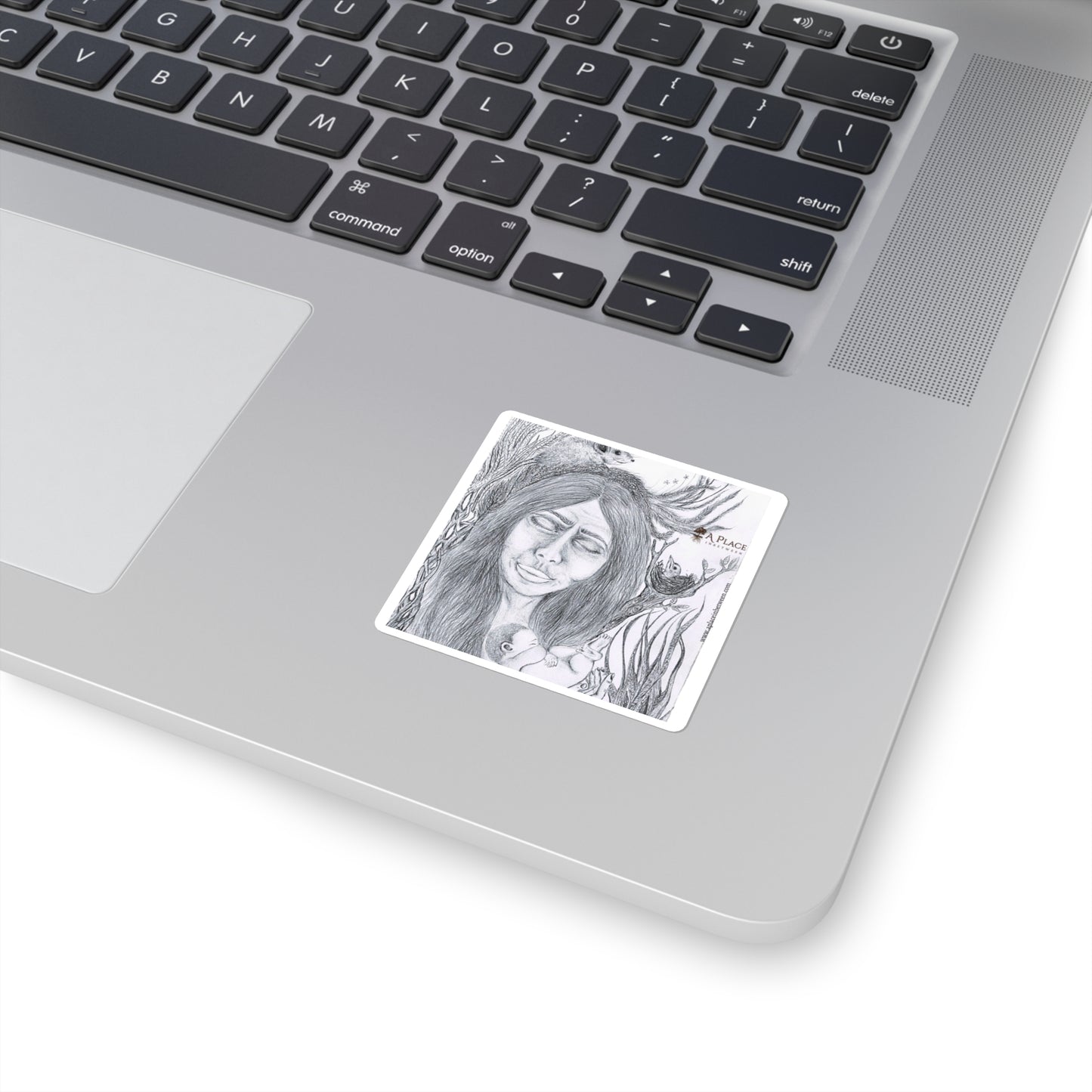 Square Art Sticker — Ethereal Mother & Child Pencil Illustration