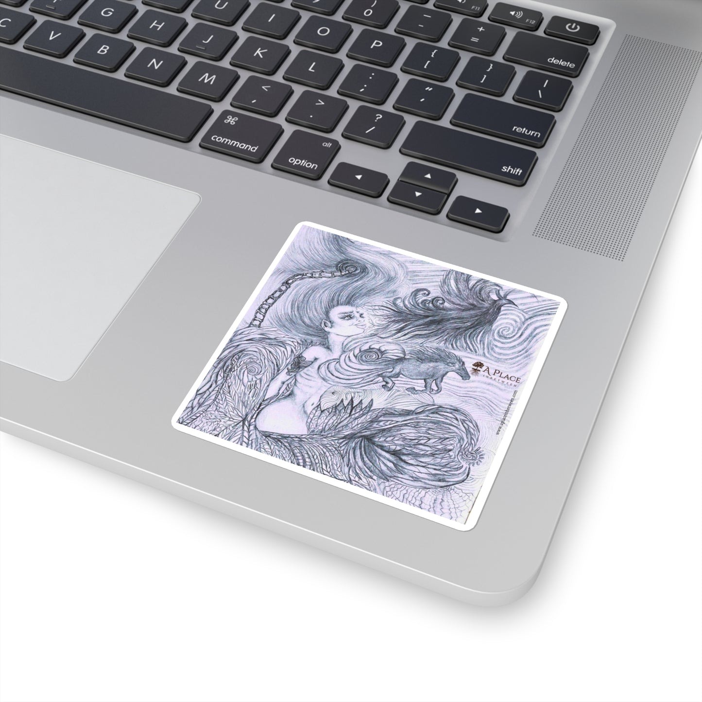 Mythic Dream “Alive again “Square Sticker — Intricate  Woman and fire bird Pencil Art Sticker