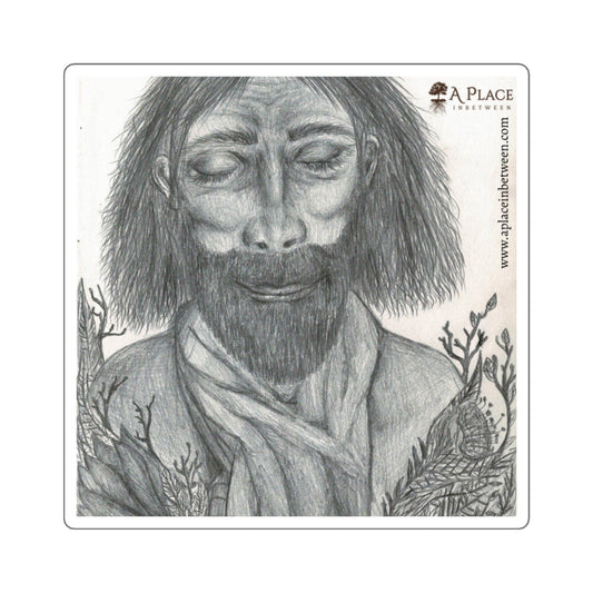 Square Sticker — Hand-Drawn Bearded Man “Believe”  Illustration (A Place, Pencil Sketch)