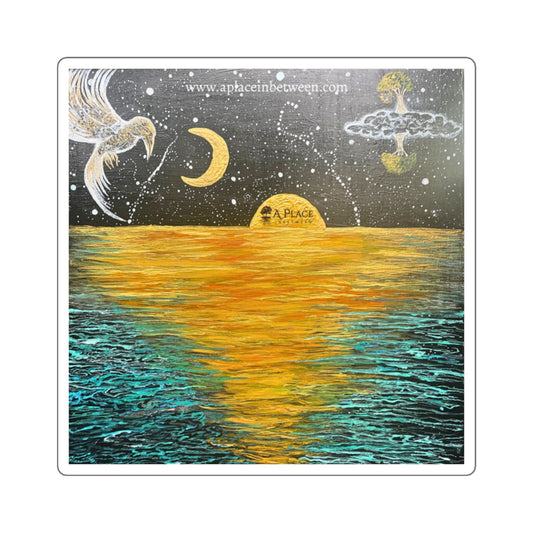 Mystic Sunset Sea Square Sticker — Moon, Stars & Soaring Bird Sticker