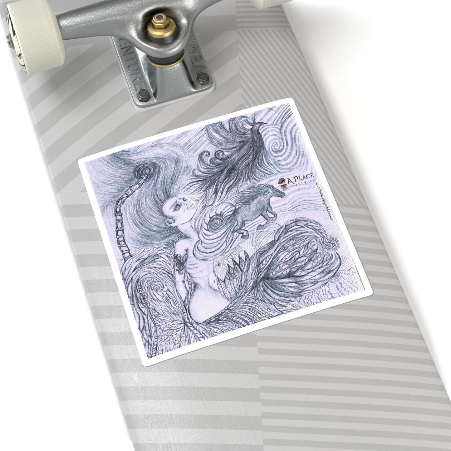 Mythic Dream “Alive again “Square Sticker — Intricate  Woman and fire bird Pencil Art Sticker