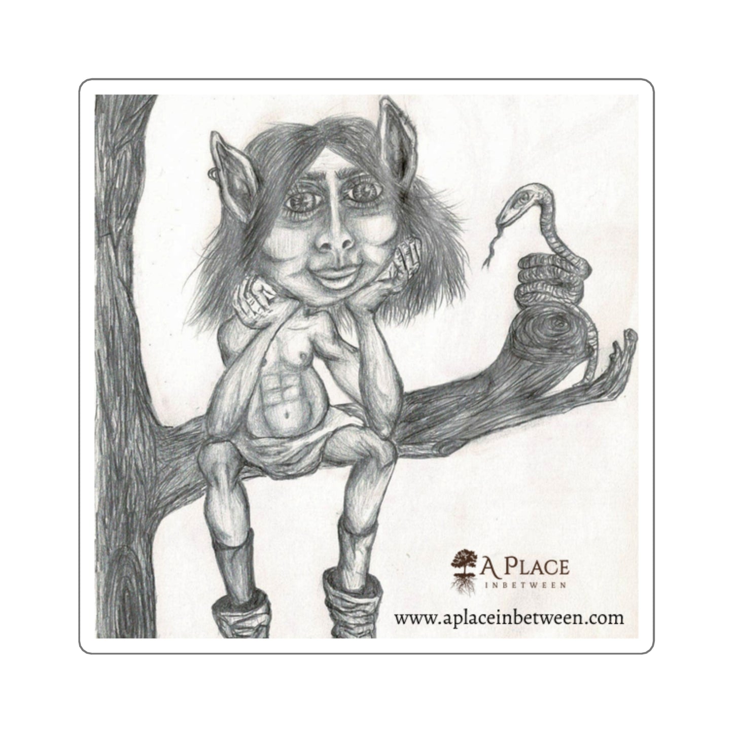 Fantasy Elf/Troll Square Sticker — Hand-Drawn Pencil Art with Snake