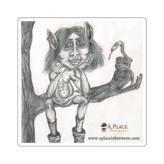 Fantasy Elf/Troll Square Sticker — Hand-Drawn Pencil Art with Snake