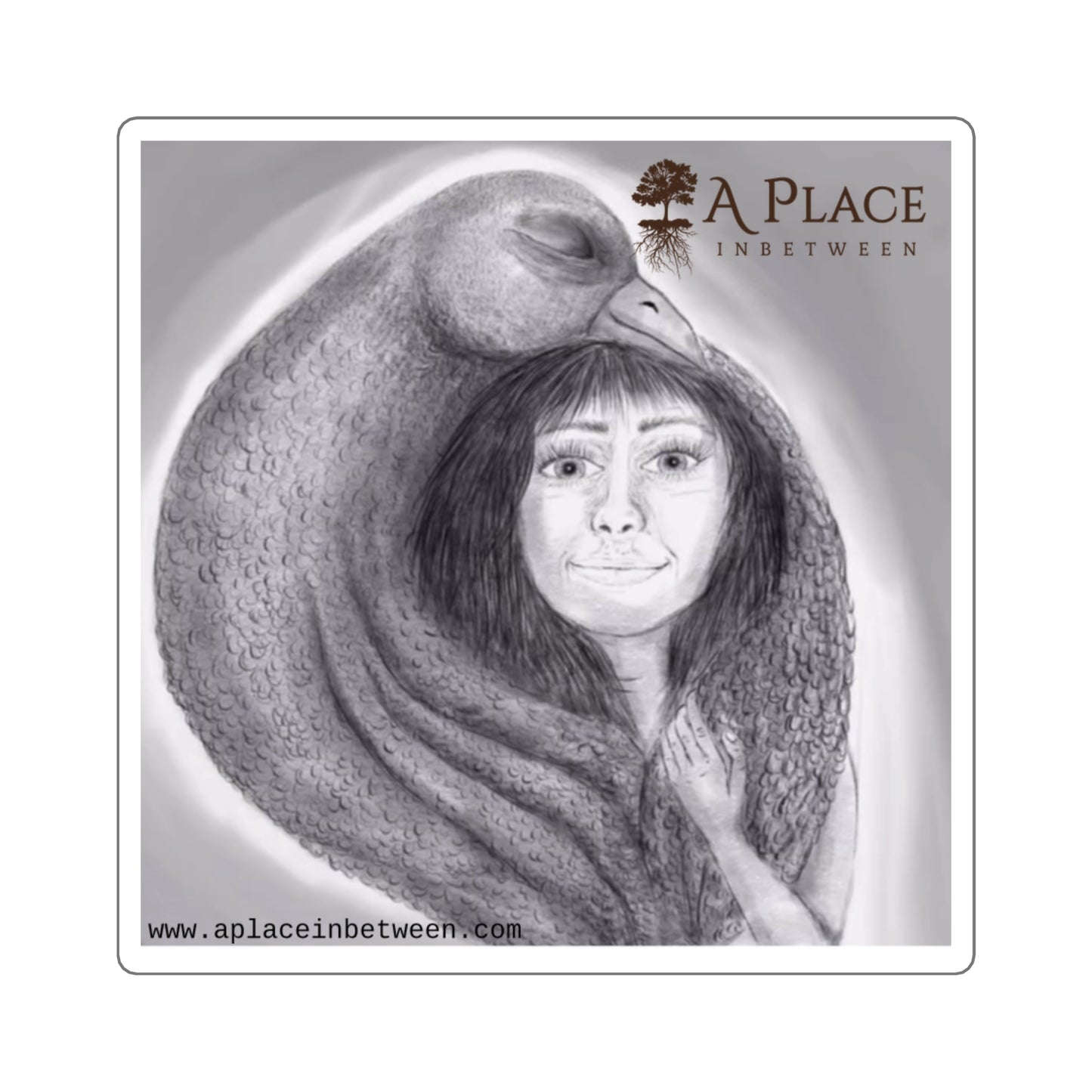 'Protected ' Fantasy Eagle Hugging Girl,Square Sticker,  Hand Drawn sketch