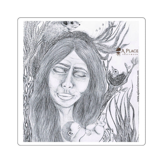 Square Art Sticker — Ethereal Mother & Child Pencil Illustration
