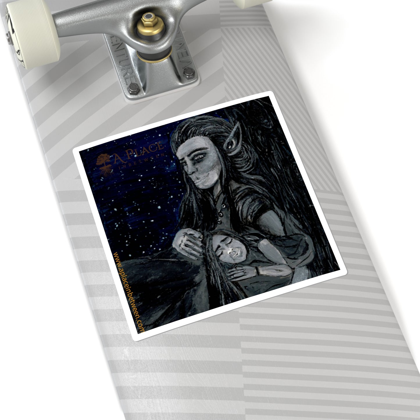 Mystical Elvish Couple '' Sleep under the galaxy with me' Galaxy Square Sticker — Hand-Painted , wood, Moon & Stars