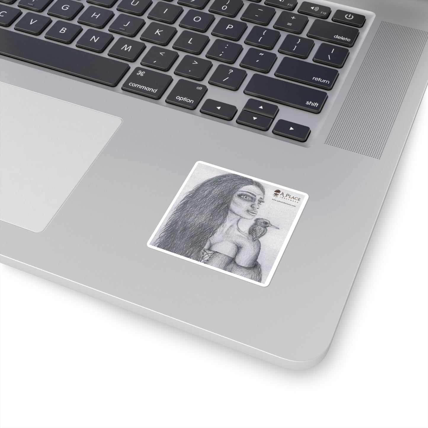 Elvish / Sketch “Girl & Kingfisher” Square Sticker — Pencil Art Laptop Decal