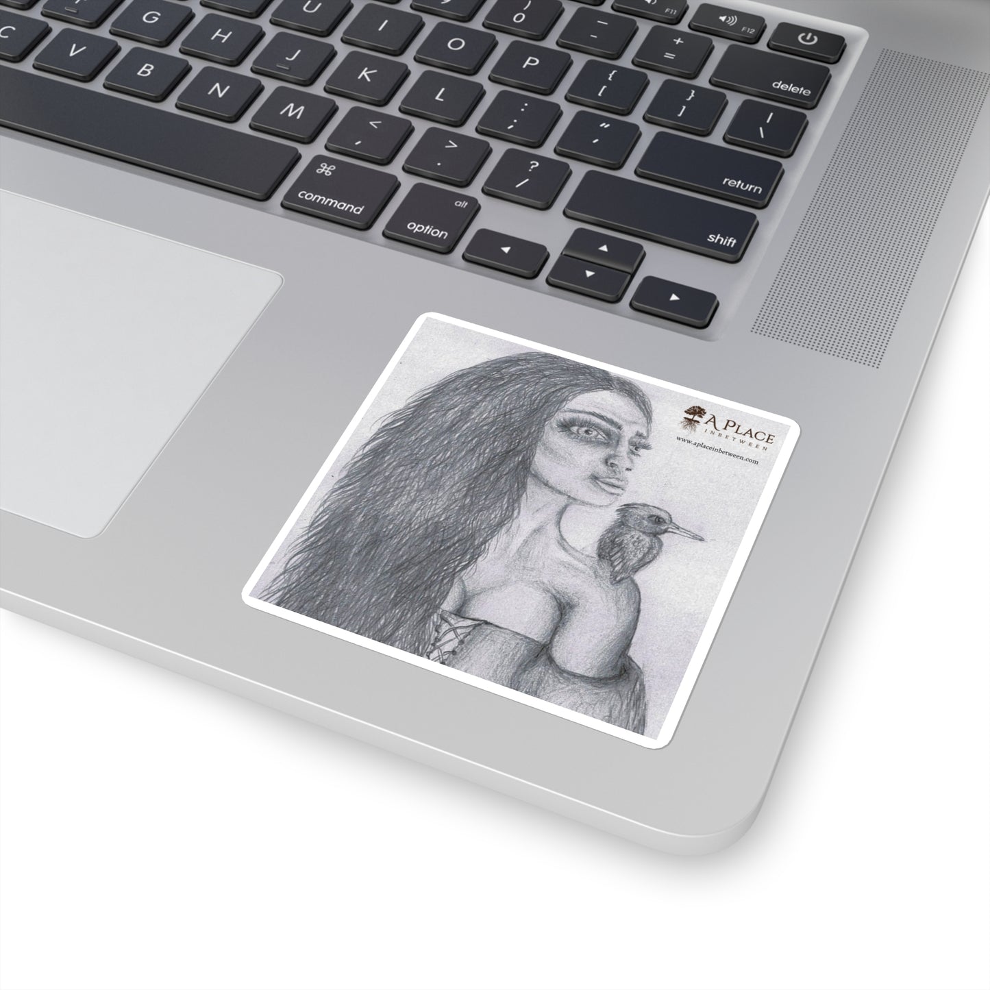 Elvish / Sketch “Girl & Kingfisher” Square Sticker — Pencil Art Laptop Decal