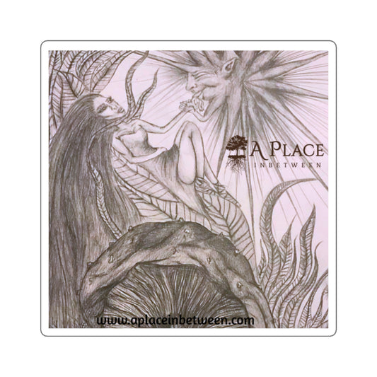 "Appreciation"  Sketch, Plant Flow, Mushrooms , Fantasy Art Square Sticker — Mythic, Fairy  Unique Artwork, Pencil