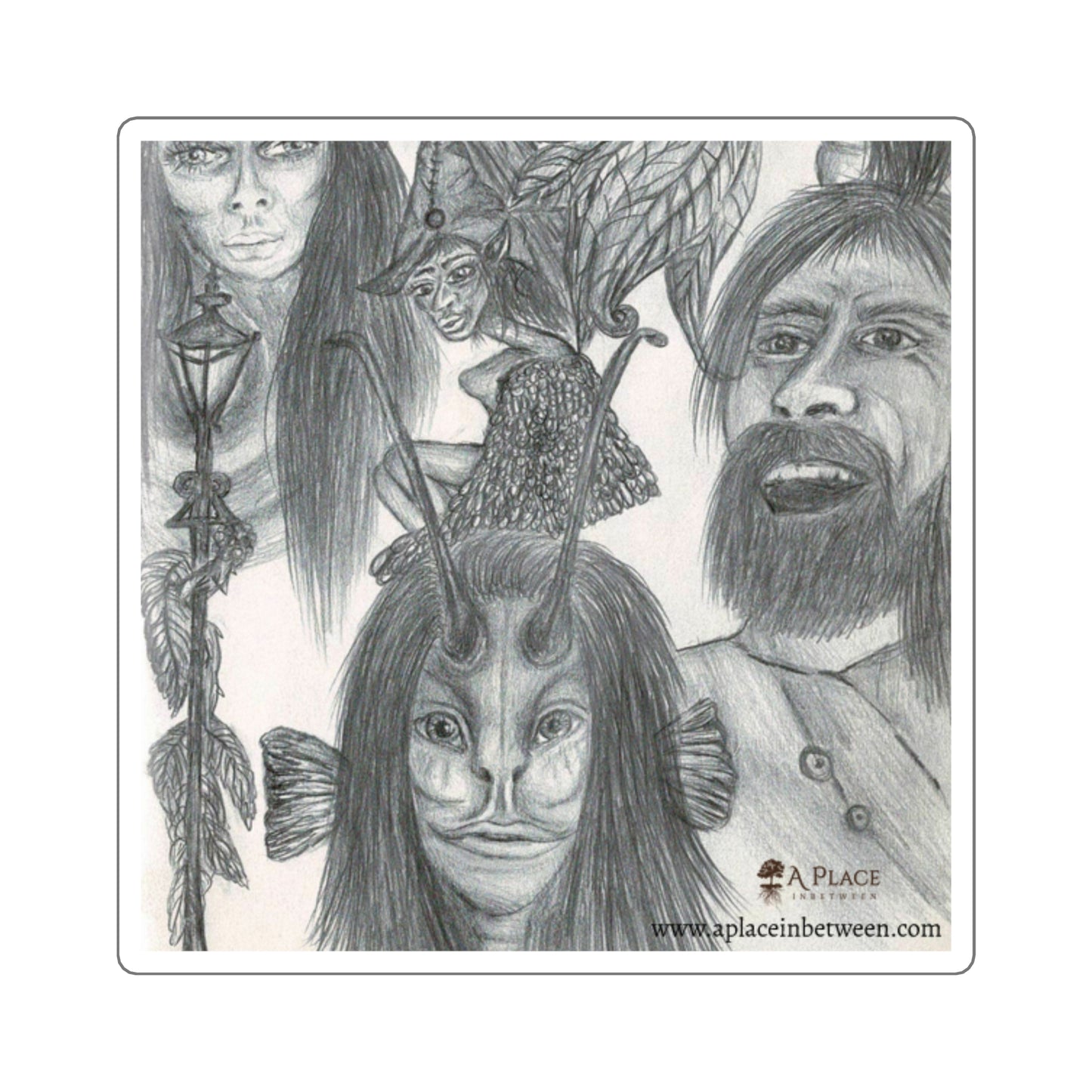 Sketch Art Square Sticker — Mythic Faces and creatures /lantern Collage 2 of 2