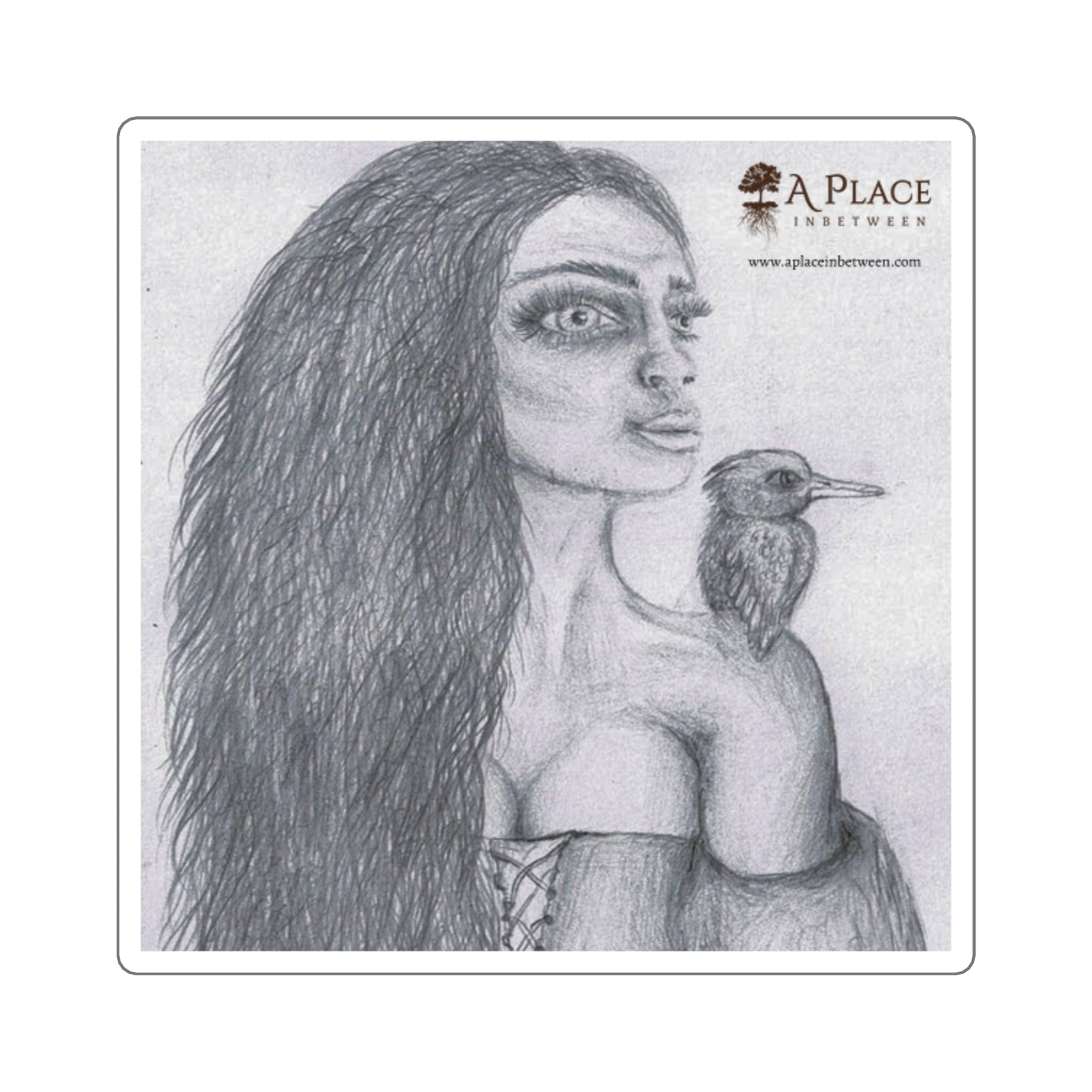 Elvish / Sketch “Girl & Kingfisher” Square Sticker — Pencil Art Laptop Decal