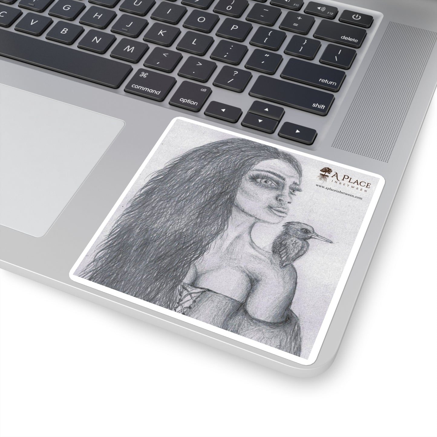 Elvish / Sketch “Girl & Kingfisher” Square Sticker — Pencil Art Laptop Decal