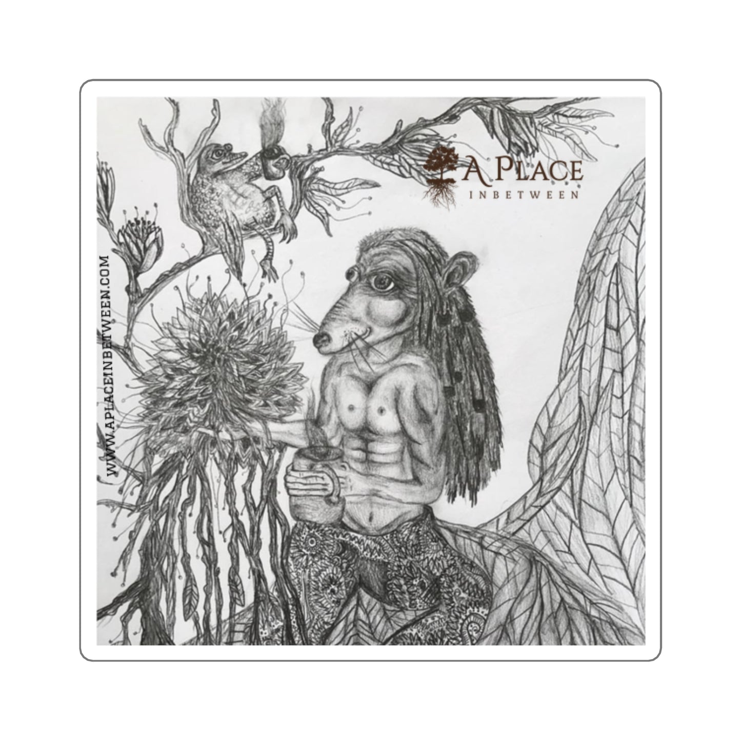 ' Hot Brew amongst the plants " Hippy Rat & Bird Plant Chill Square Sticker /Fantasy /nature