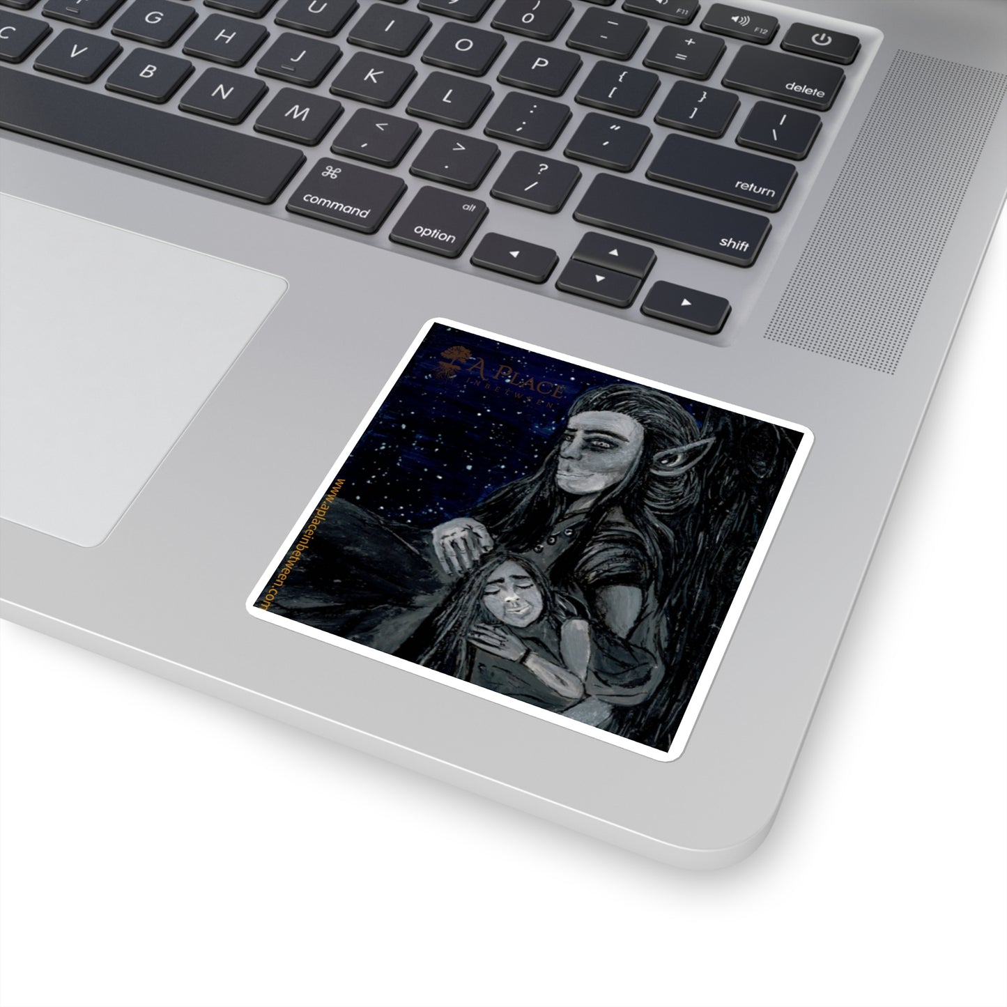 Mystical Elvish Couple '' Sleep under the galaxy with me' Galaxy Square Sticker — Hand-Painted , wood, Moon & Stars
