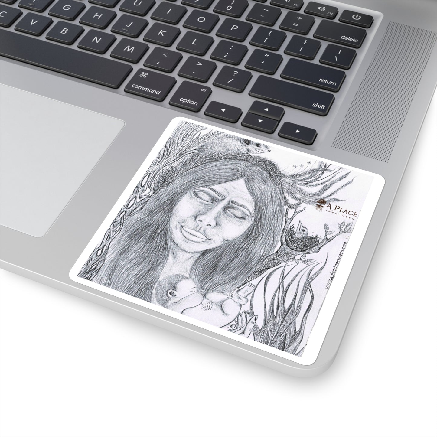 Square Art Sticker — Ethereal Mother & Child Pencil Illustration