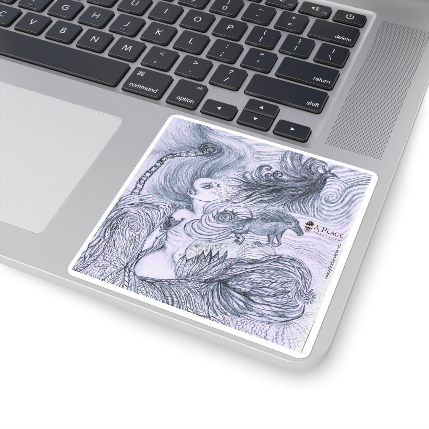 Mythic Dream “Alive again “Square Sticker — Intricate  Woman and fire bird Pencil Art Sticker
