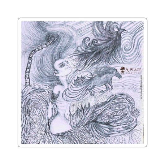 Mythic Dream Square Sticker — Intricate Owl & Woman Pencil Art Sticker