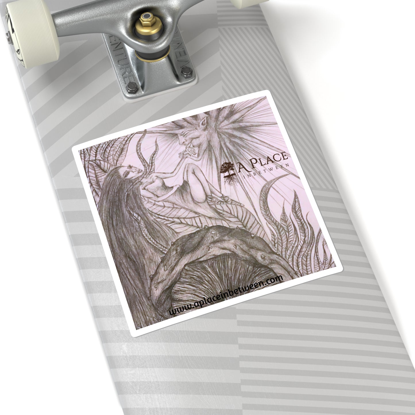 "Appreciation"  Sketch, Plant Flow, Mushrooms , Fantasy Art Square Sticker — Mythic, Fairy  Unique Artwork, Pencil