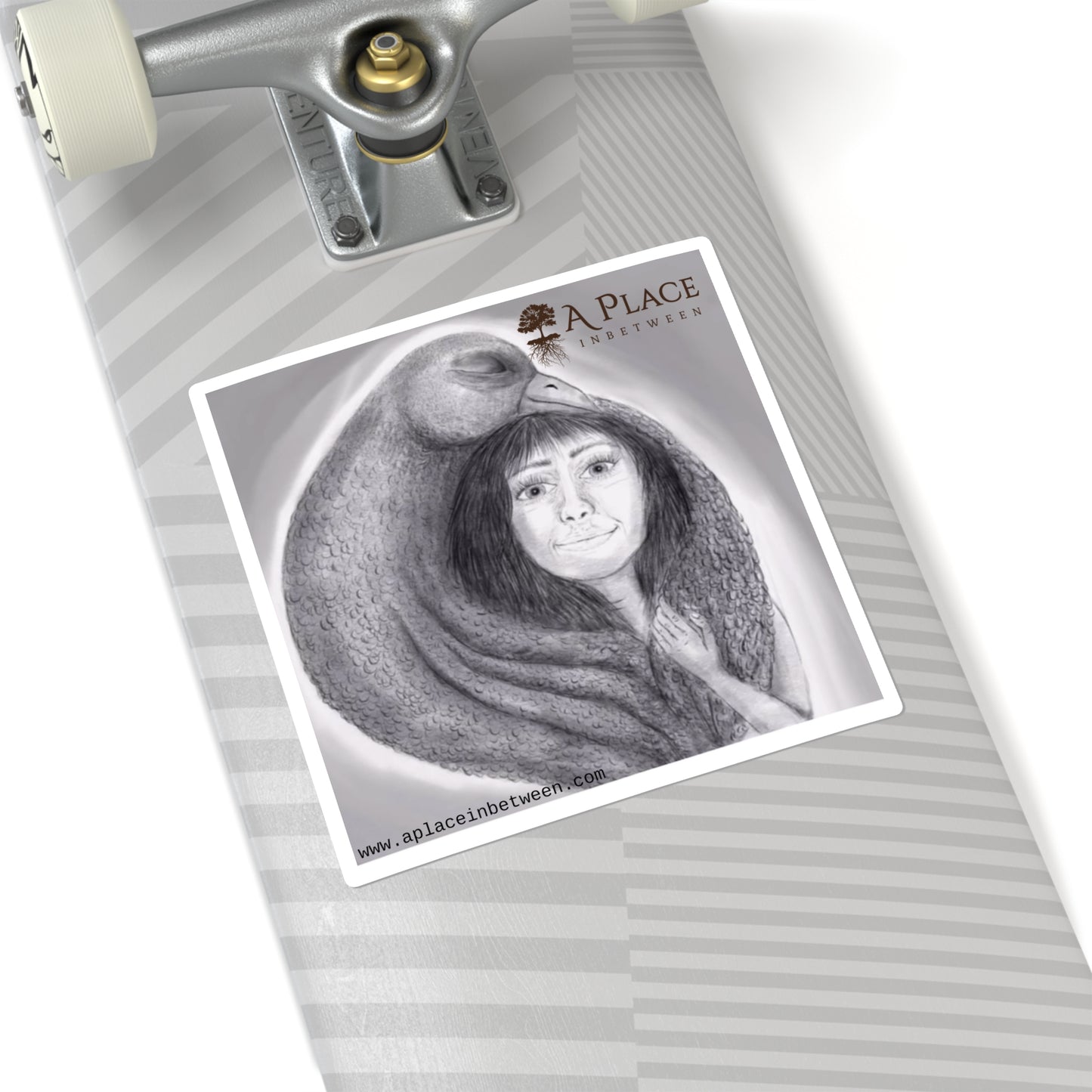 'Protected ' Fantasy Eagle Hugging Girl,Square Sticker,  Hand Drawn sketch