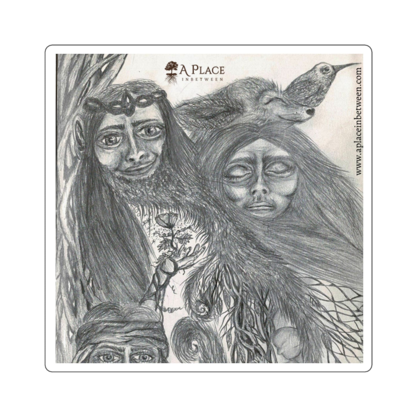 Mystical Forest characters/Animals  “New Life”  Square Sticker — Hand-Drawn Nature Spirit Art 1 of 2